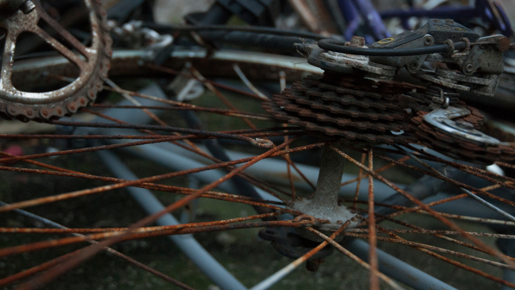 Rusty bike wheel and cassette