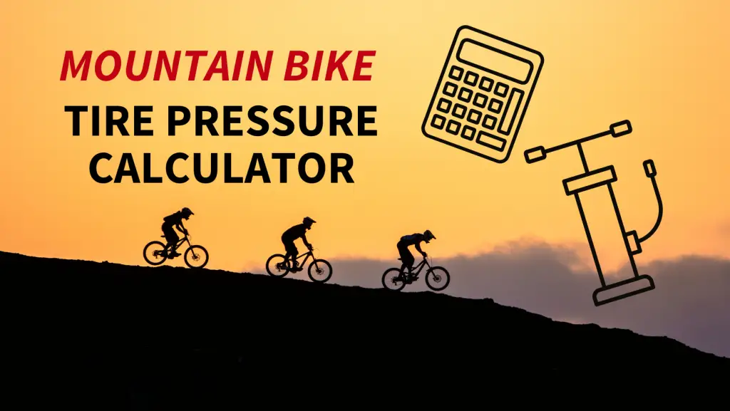 Mountain bikes riders on a golden sunny background, with tire pressure calculator element above them.