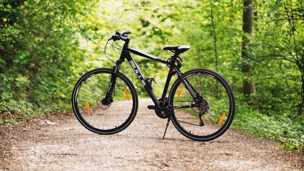 Black hardtail bike standing in the forest