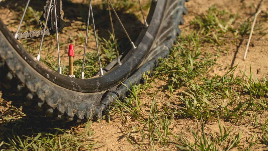 A flat mountain bike tire out on the trail with a red capped presta valve