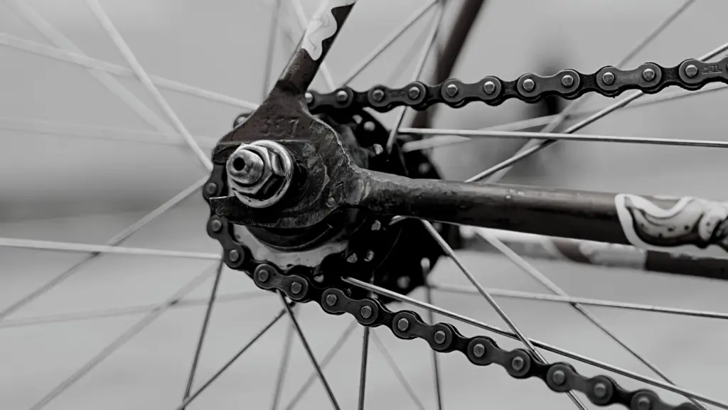 Close up view of a rear bike wheel and chain